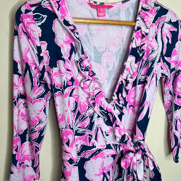 Lilly Pulitzer Jessalynne Romper XS Navy Flamingo Ruffle Wrap Summer Floral Pink - Picture 7 of 12